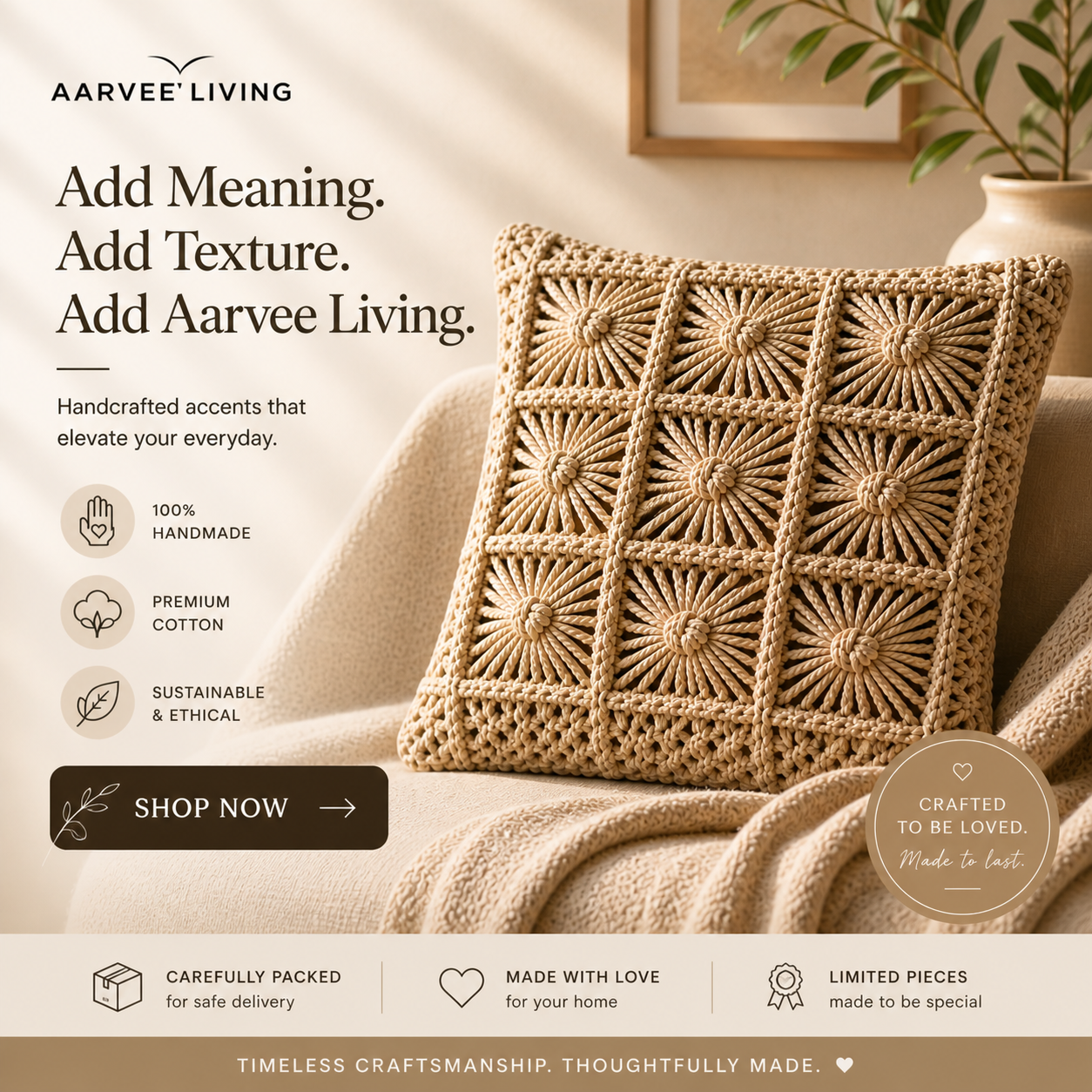 Handcrafted Macramé Cushion Covers (Set of 2) – Premium Cotton | Boho Luxe Home Décor | Aarvee Living