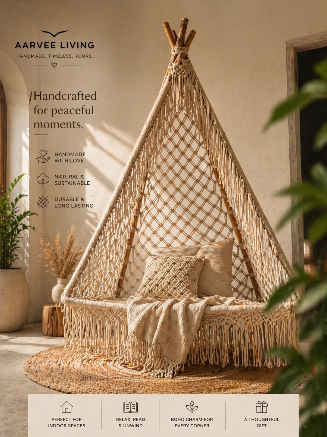 Handmade Macrame Swing Chair | Boho Hanging Seat for Indoor & Balcony | Aarvee Living