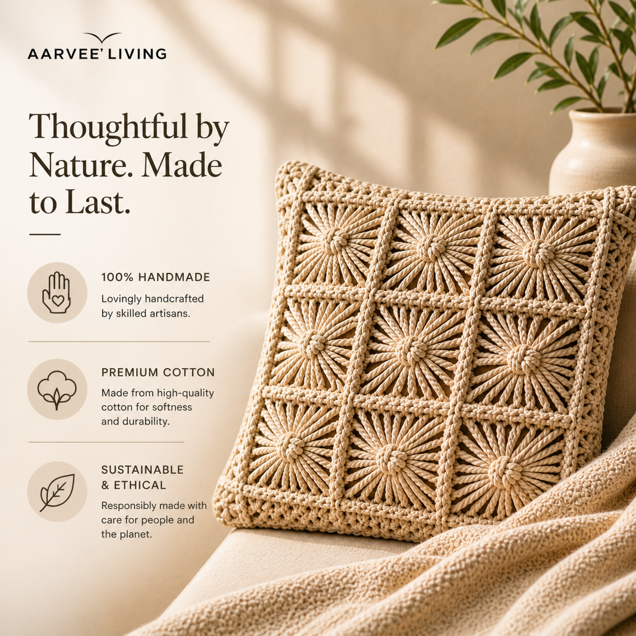 Handcrafted Macramé Cushion Covers (Set of 2) – Premium Cotton | Boho Luxe Home Décor | Aarvee Living