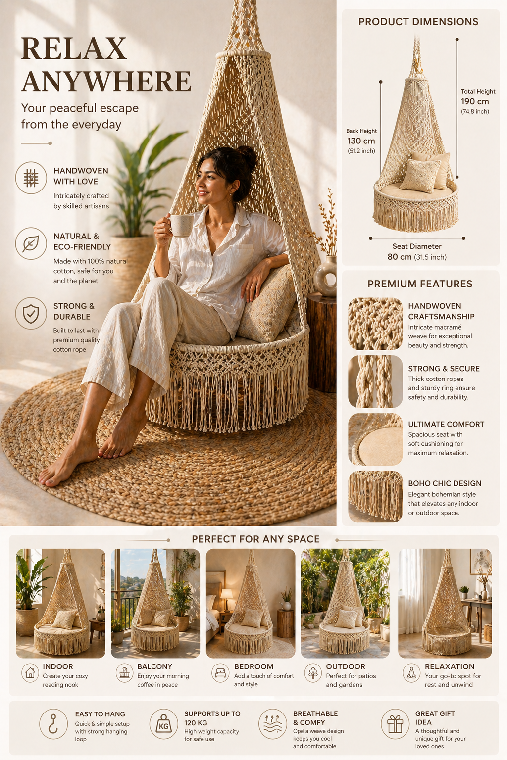 Macrame Hanging Hammock Chair – Handmade Boho Swing Chair for Indoor Relaxation