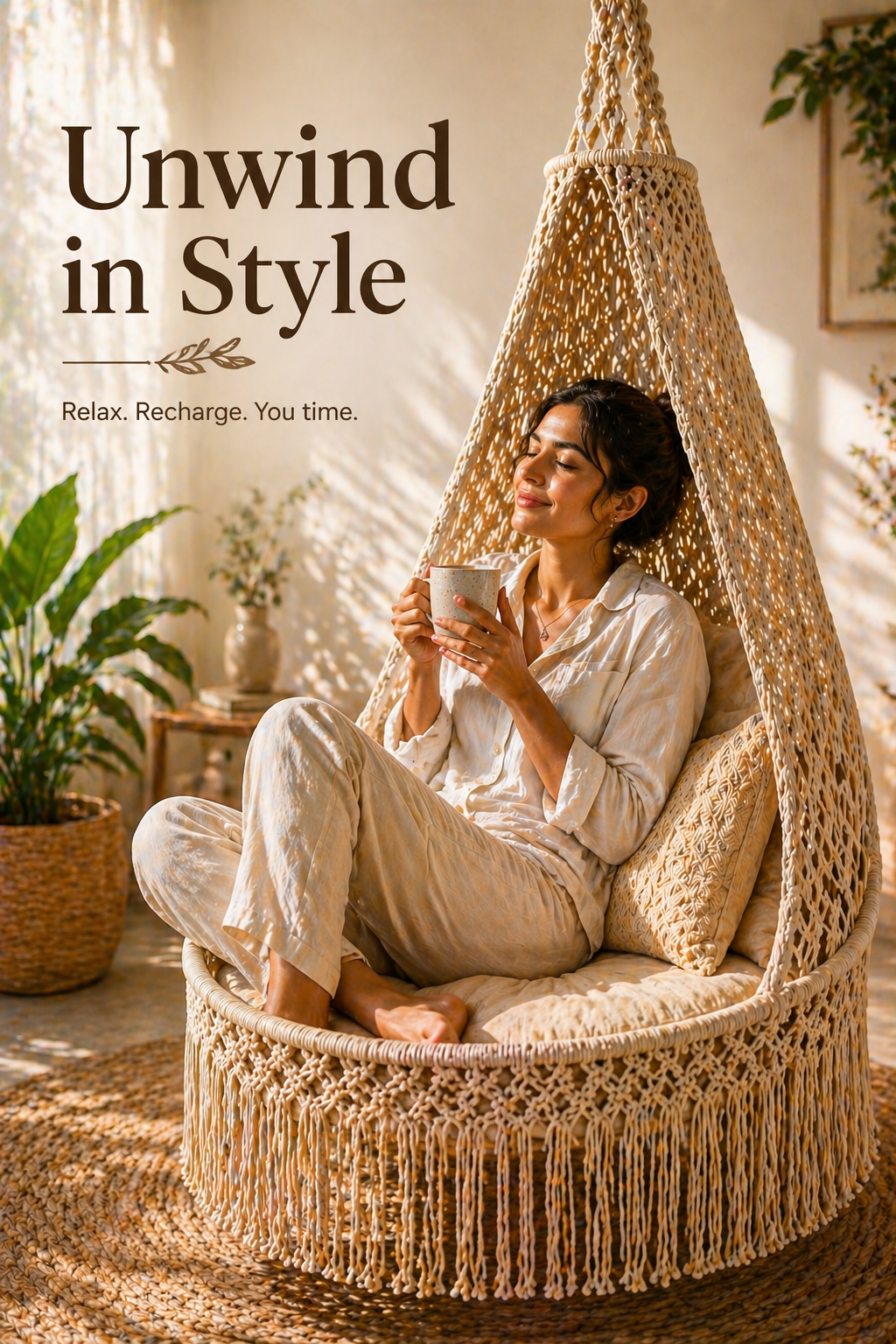 Macrame Hanging Hammock Chair – Handmade Boho Swing Chair for Indoor Relaxation